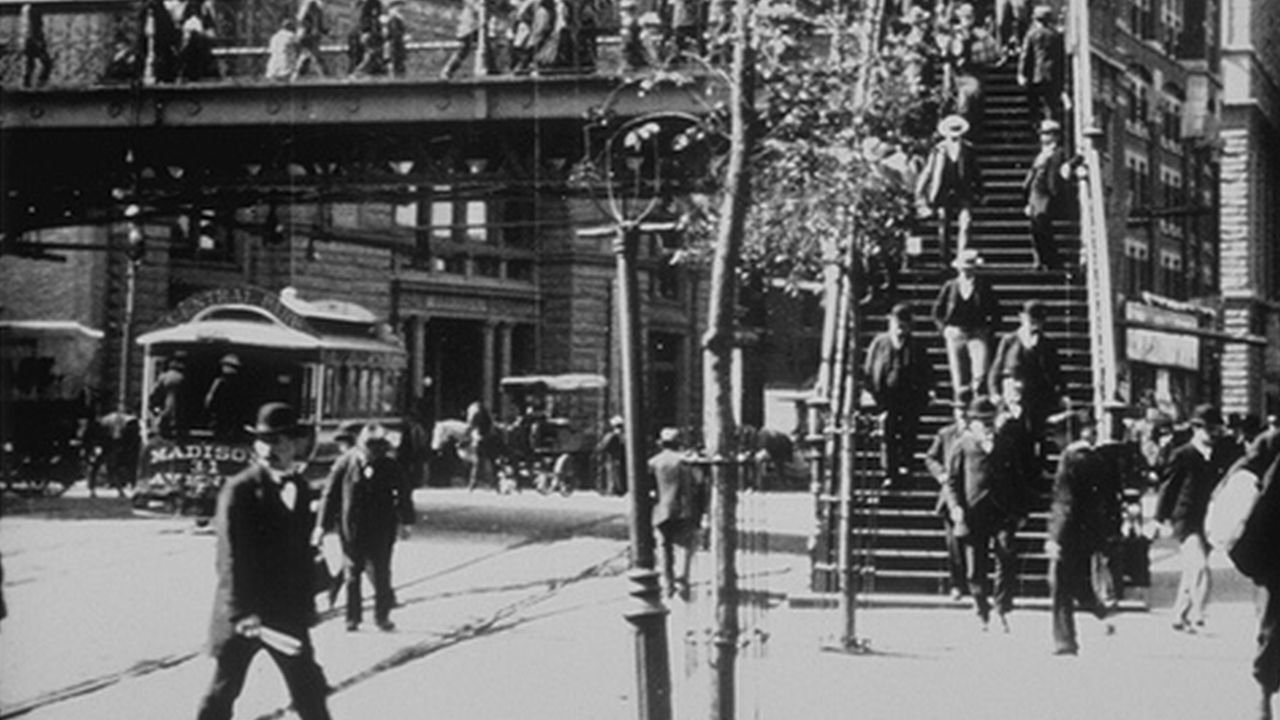 Passengers Descending from the Brooklyn Bridge Background